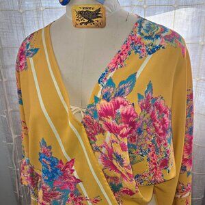 Crossfront crop 3/4 wing sleeve poly bright yellowpink floral top  Flying Tomato